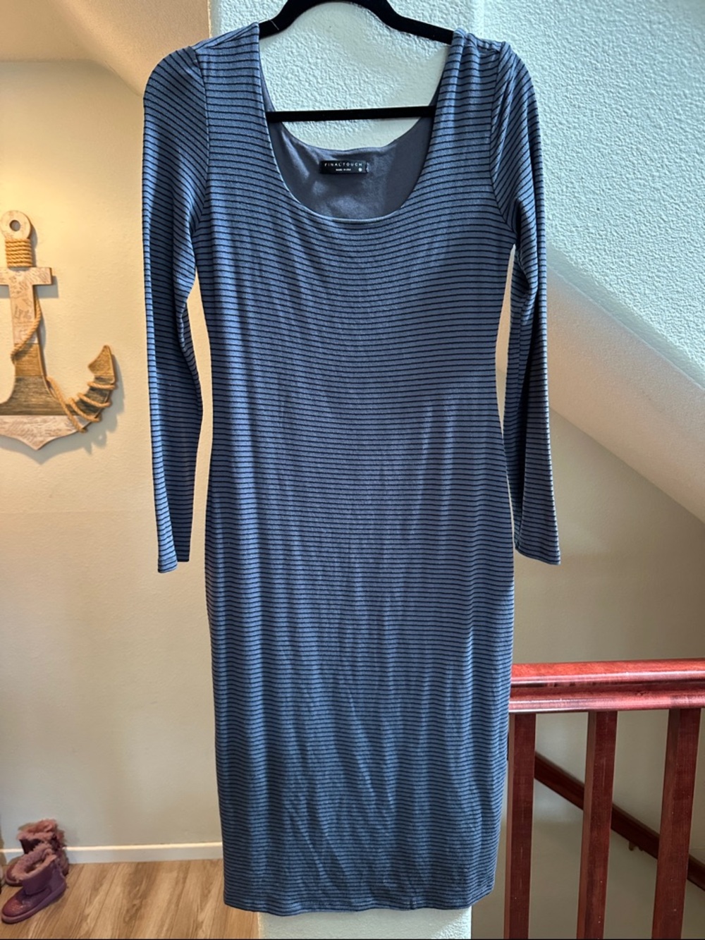 Final Touch Striped Bodycon Midi Dress Long Sleeve Double Lined Size Small